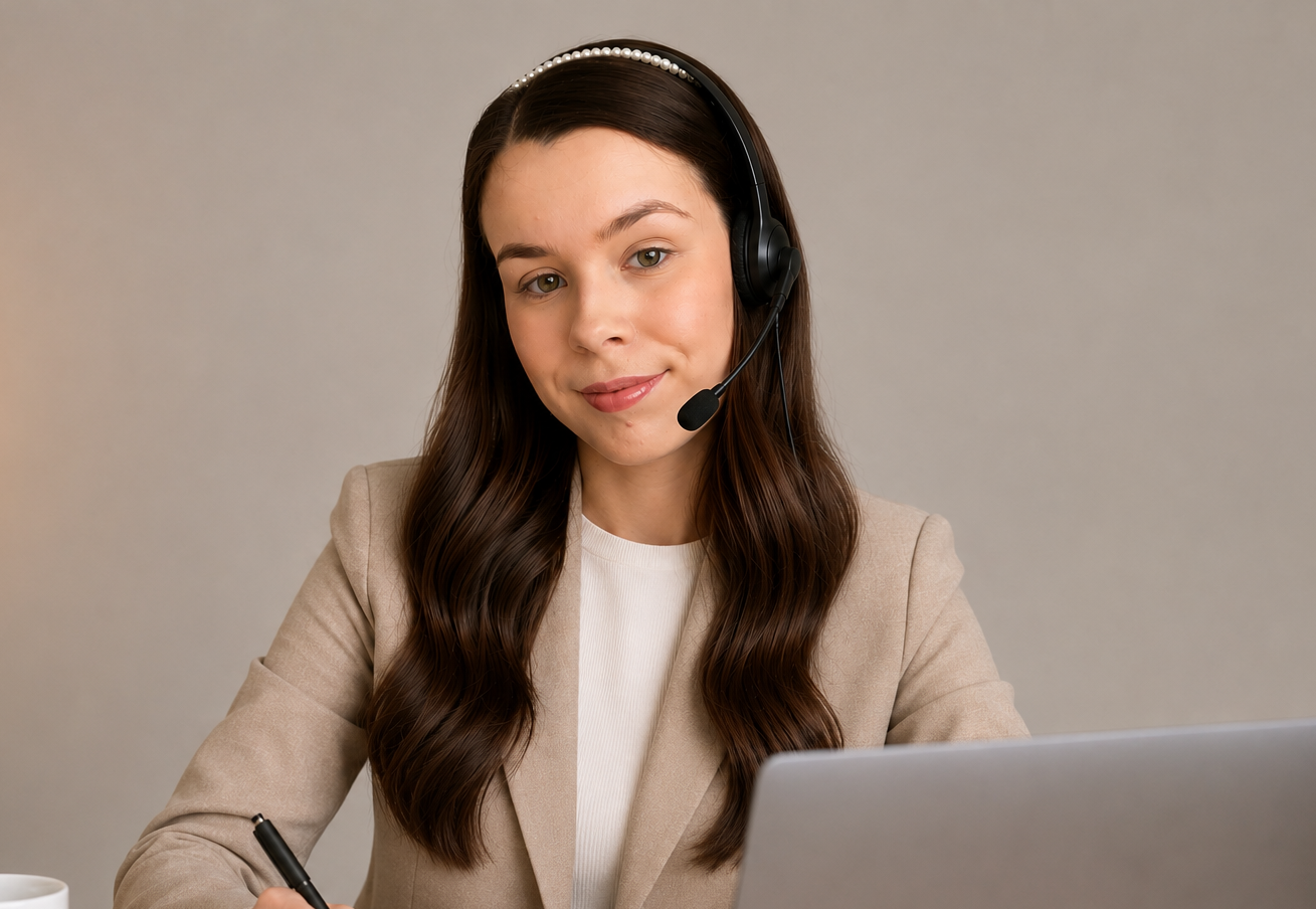 Emily teaching an online English lesson from her desk